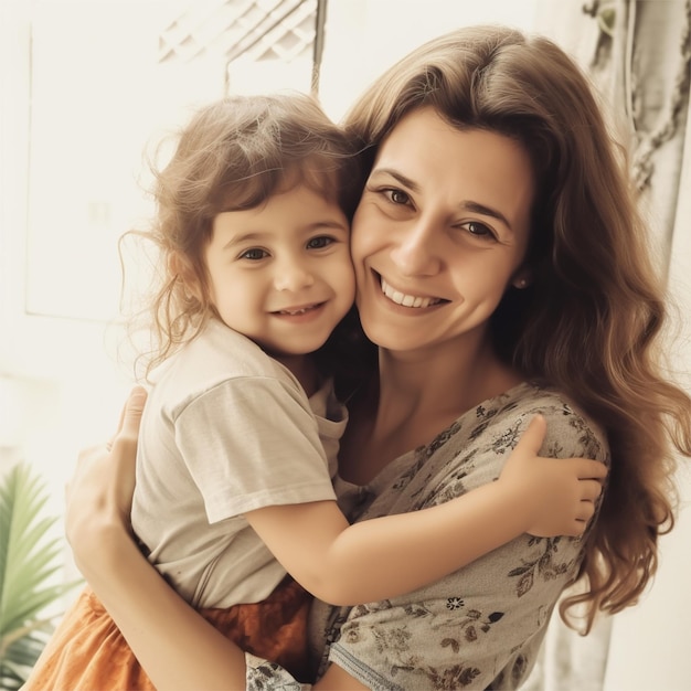 Foto una madre e una figlia che abbracciano e sorridono