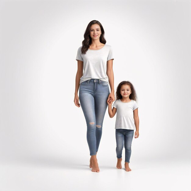 mother and daughter in jeans on a white background