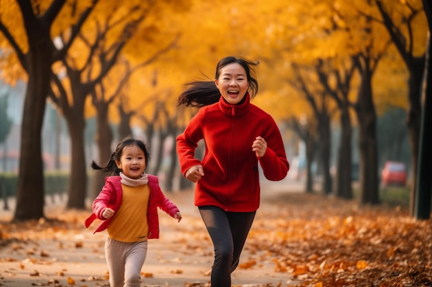 Mother and daughter jogging together in the park