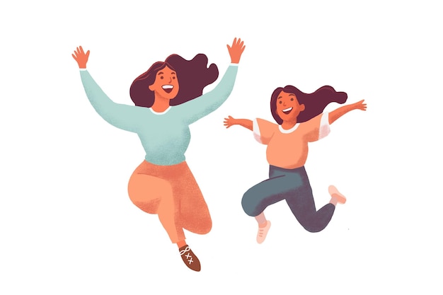 mother and daughter jump to sky play together mother's day background concept