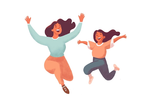 Mother and daughter jump to sky play together Mother's day background concept