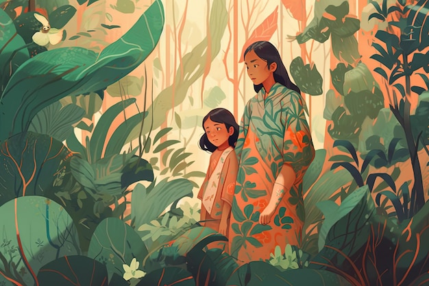 Mother and daughter in the jungle Illustration of mothers day Generative AI