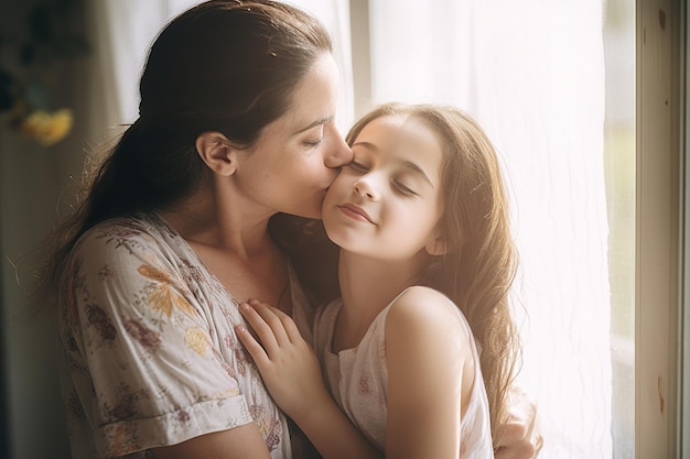 A mother and daughter kissing on a couch