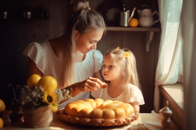 Mother and daughter in the kitchen try only baked pastries generated ai