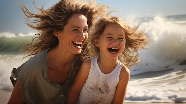 Foto madre e figlia che ridono in riva al mare