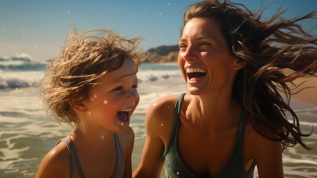海辺で笑う母と娘