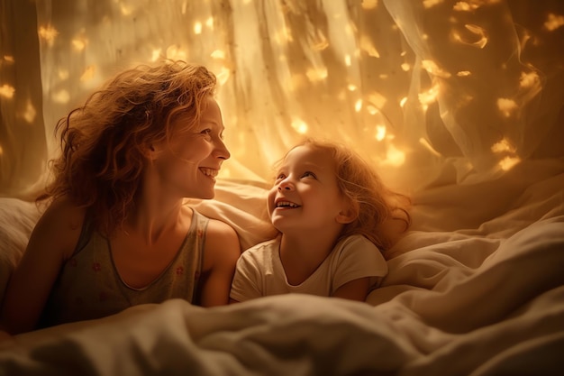 A mother and daughter lie in bed with a fairy light on the wall