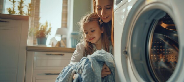 Mother and daughter loading dirty laundry into washing machine