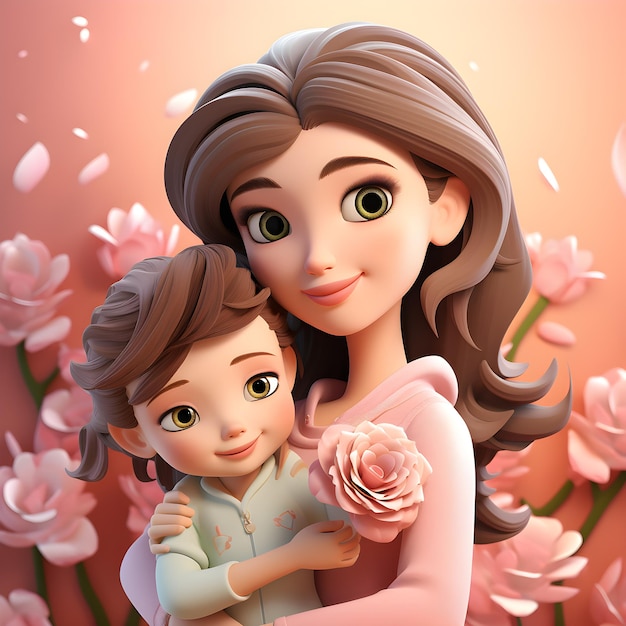 Foto madre e figlia innamorate di fiori illustrazione 3d in stile cartone animato ai generato