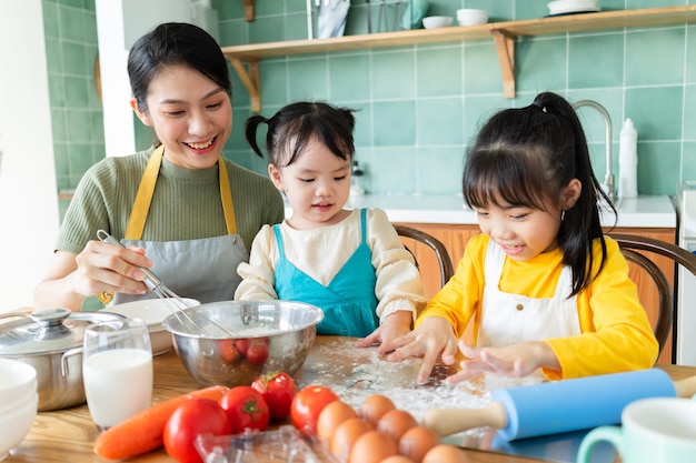 Mother and daughter make cakes together.