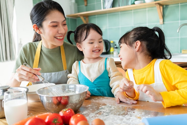 Mother and daughter make cakes together.