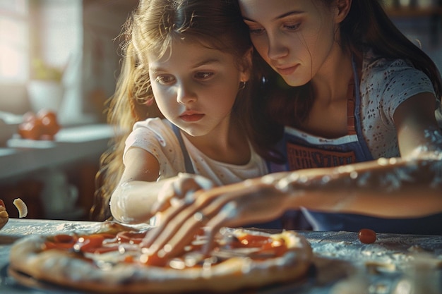 Photo mother and daughter making homemade pizza together