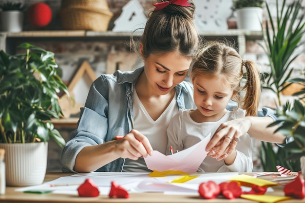 Mother and daughter making Valentines cards at home