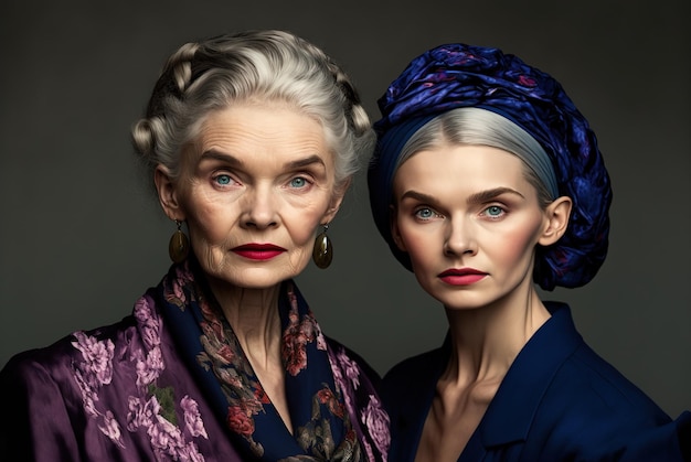 Mother and daughter mature elegantly pose for a family studio photo dressed in vintage style Ai generated