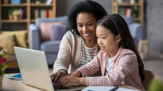 Mother and daughter participating at an online class