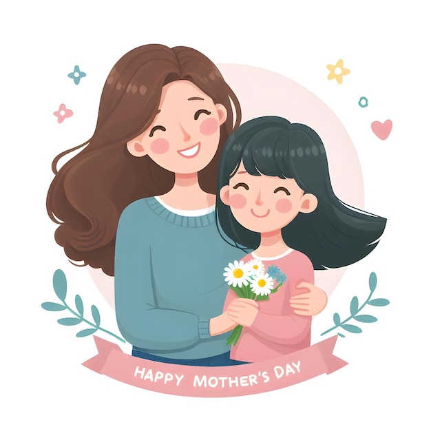 a mother and daughter photo of a mother holding flowers