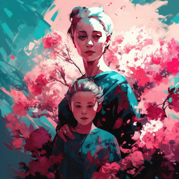 분홍색 꽃 수채화 그림의 어머니와 딸 극단적인 근접 촬영 생성 AI