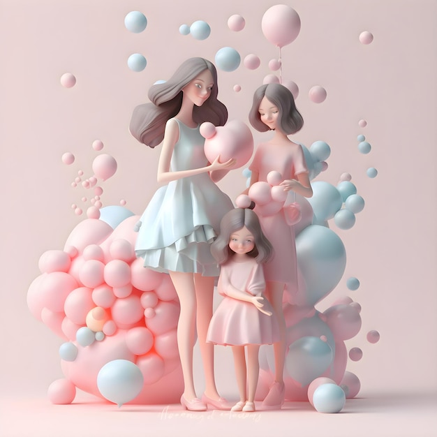 분홍색과 파란색 3D 일러스트레이션의 어머니와 딸 개념적 패션 아트