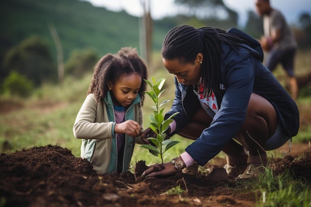 A mother and daughter plant a tree in a field.