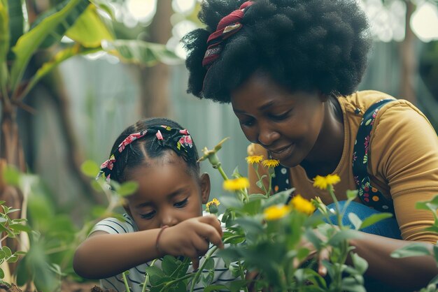 Photo mother and daughter planting flowers in a garden outdoors