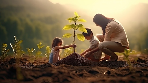 Mother and daughter planting a tree on fertile soil Concept of caring for nature