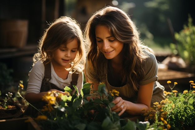 Mother and daughter planting vegetables