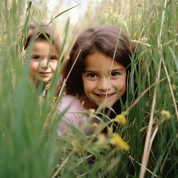 mother and daughter play hide and seek at the park