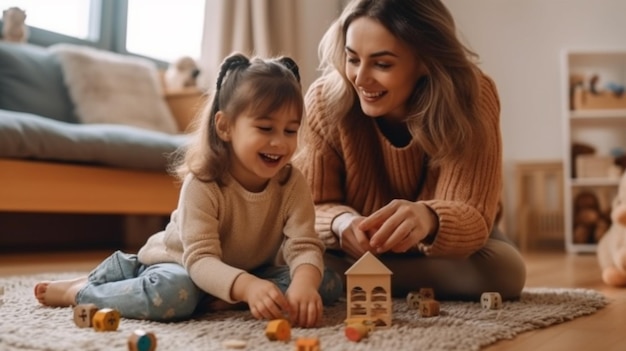 a mother and daughter play with a wooden house made by mother