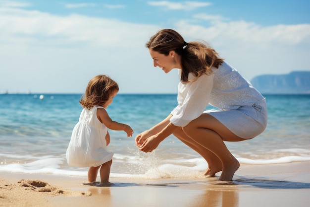 Mother and daughter playing on the beach