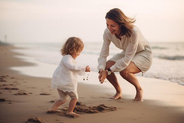 어머니 와 딸 이 해변 에서 놀고 있다