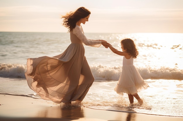 Mother and daughter playing on the beach