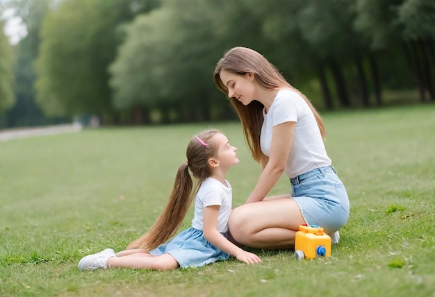 a mother and daughter playing in the grass with a yellow toy