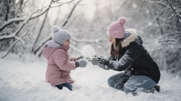 A mother and daughter playing in the snow