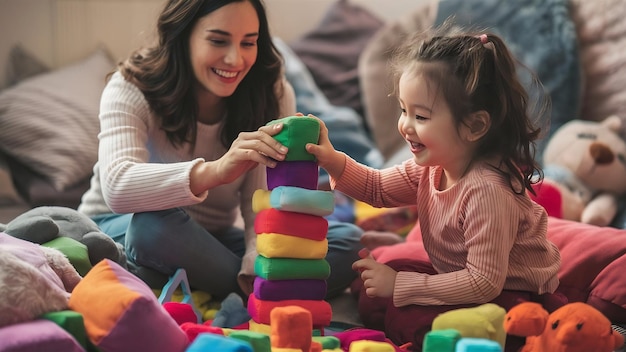 Mother and daughter playing with toys