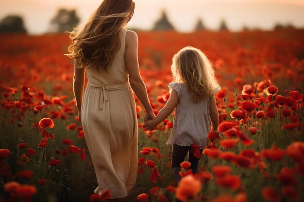 Mother and daughter in poppy field