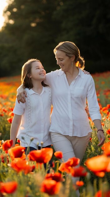 Photo mother and daughter in poppy field