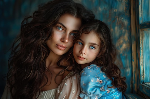 Mother and daughter portrait indoors by the window