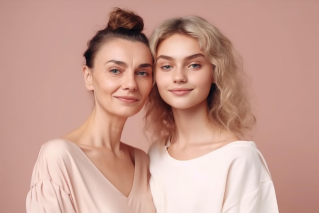 Портрет матери и дочери на розовом фоне Generative AI