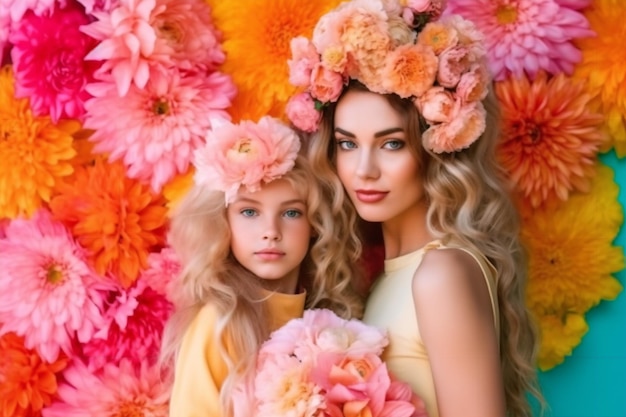 A mother and daughter pose in front of a flower backdrop.