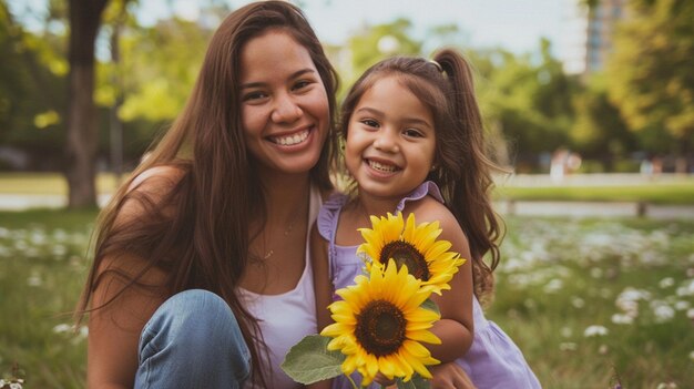 a mother and daughter pose for a photo with sunflowers