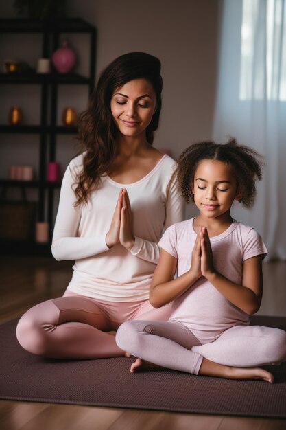 Foto una madre e una figlia praticano lo yoga insieme