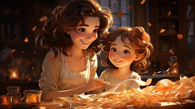 mother and daughter preparing meal