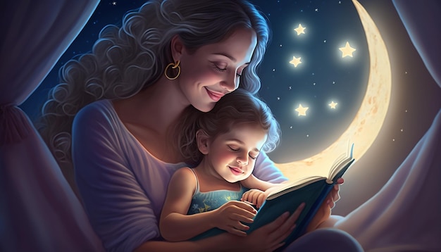 A mother and daughter read a book in the night sky.