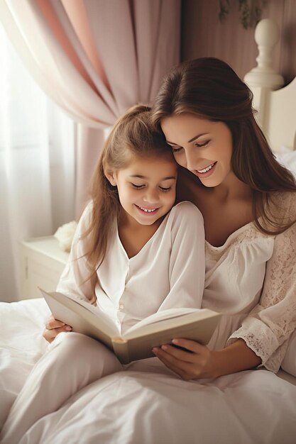 mother and daughter reading a book on a bed