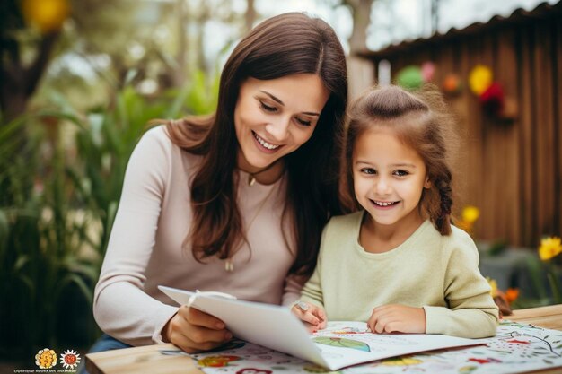 a mother and daughter reading a book with the words  mother  on it