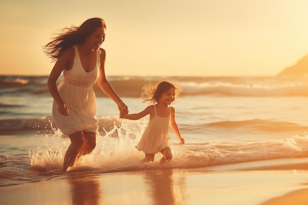 Photo mother and daughter running on the beach at sunset