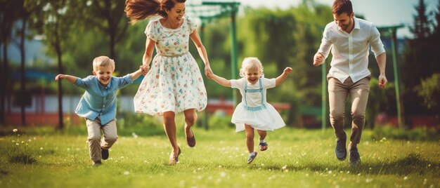 a mother and daughter running in a field of grass