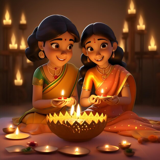 mother and daughter's on Diwali festival