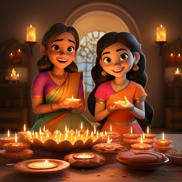 mother and daughter's on Diwali festival