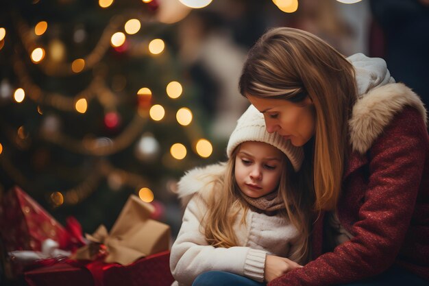 Mother and Daughter Sharing a Heartwarming Moment by the Christmas Tree Celebrating the Joy of the Season Generative AI